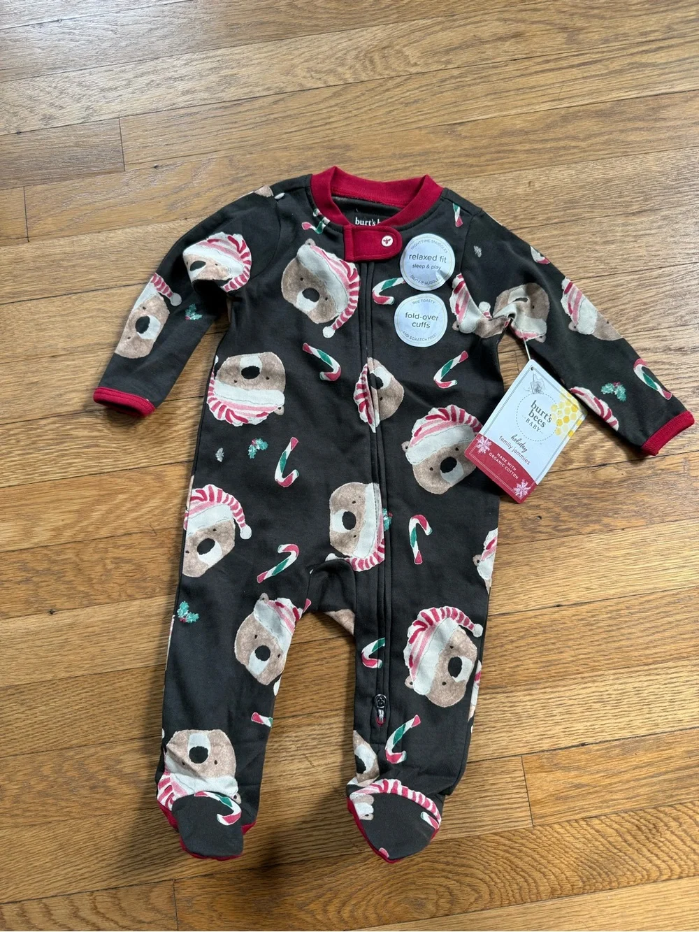 NWT Burt's Bees Baby 0-3 Christmas Candy Cane  Bears Sleep + Play One Piece